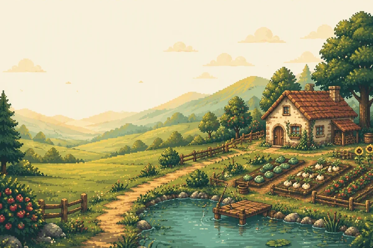 Pastel pixel-art farm beside a river and distant mountains